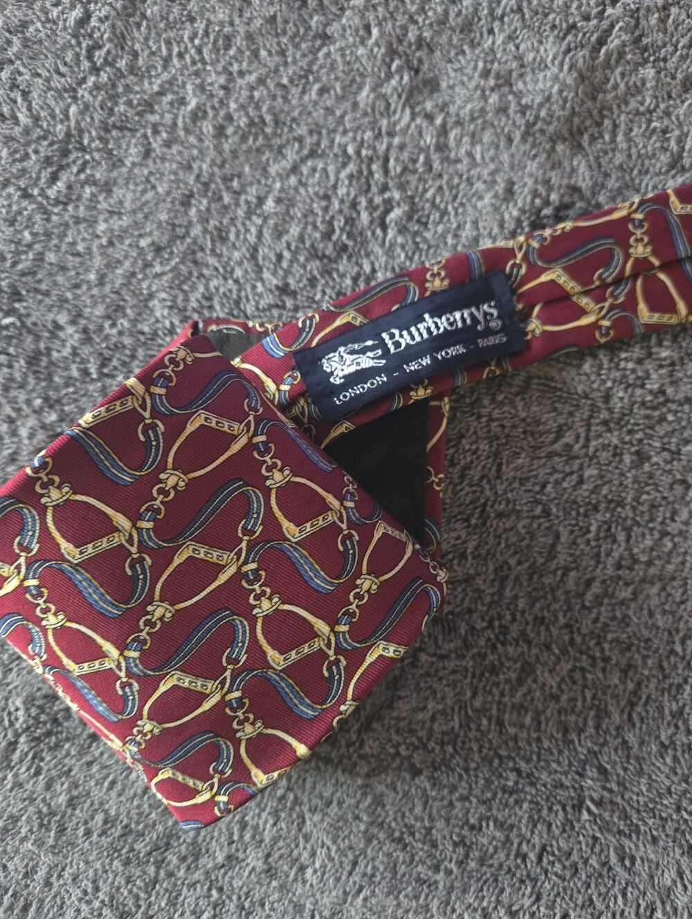 Burberry Vintage Burgundy Silk Tie with Gold & Navy Bridle Motif - Picture 7 of 7